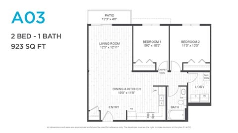 Floor plan for 2 beds, 1 bath, 859 sqft